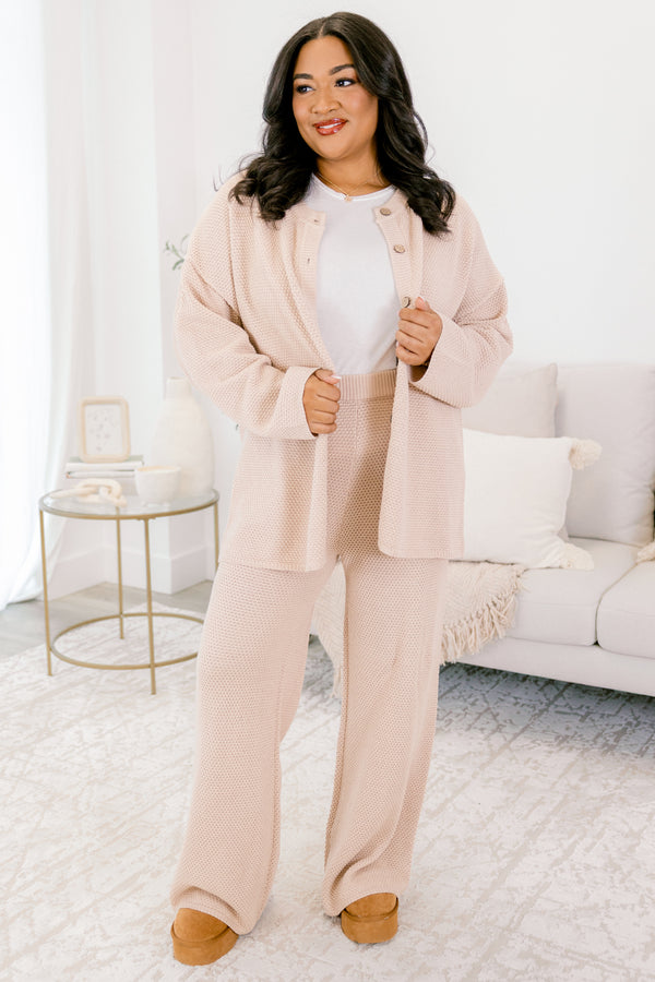  Chic Soul plus size clothing, taupe waffle knit long sleeve set with button down cardigan and elastic pants