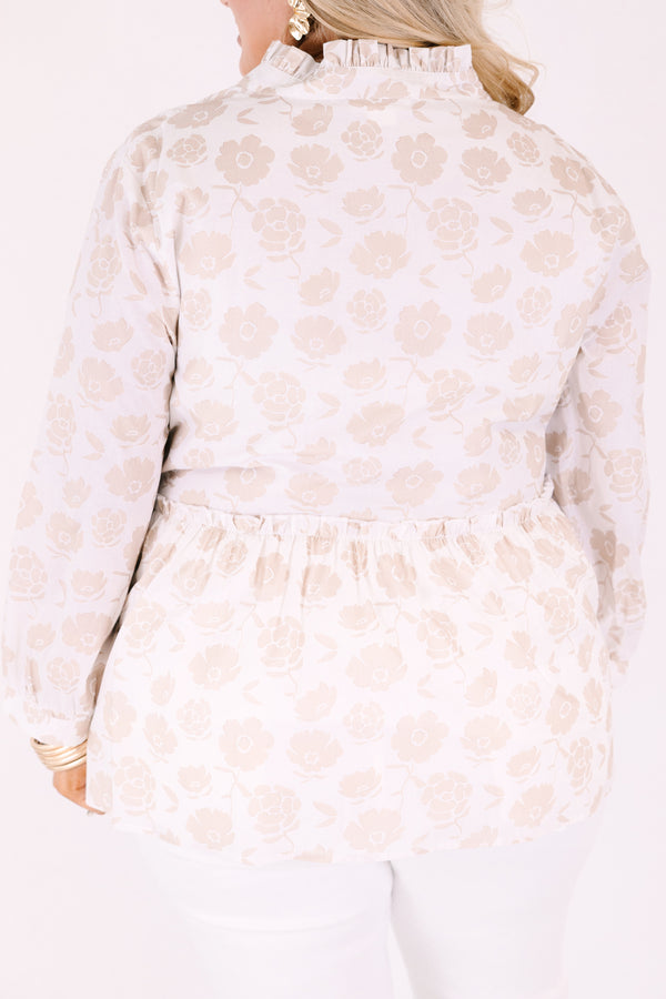 Chic Soul plus size clothing, cream and tan floral print long puff sleeve peplum baby doll top with v neck cutout
