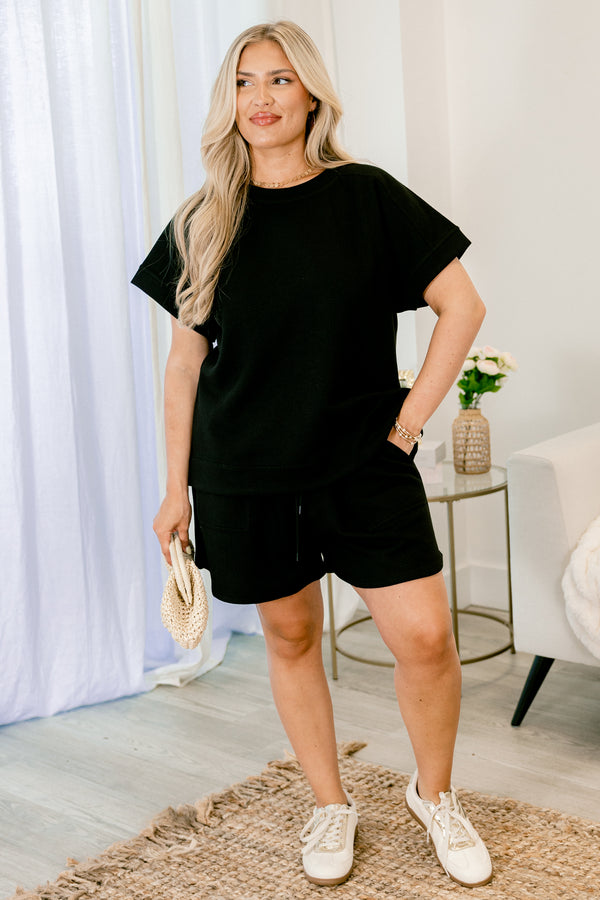 Chic Soul Plus size clothing, black casual shorts with a draw-string waistband 