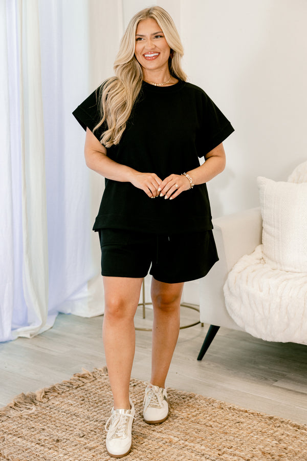 Chic Soul Plus size clothing, black casual shorts with a draw-string waistband 