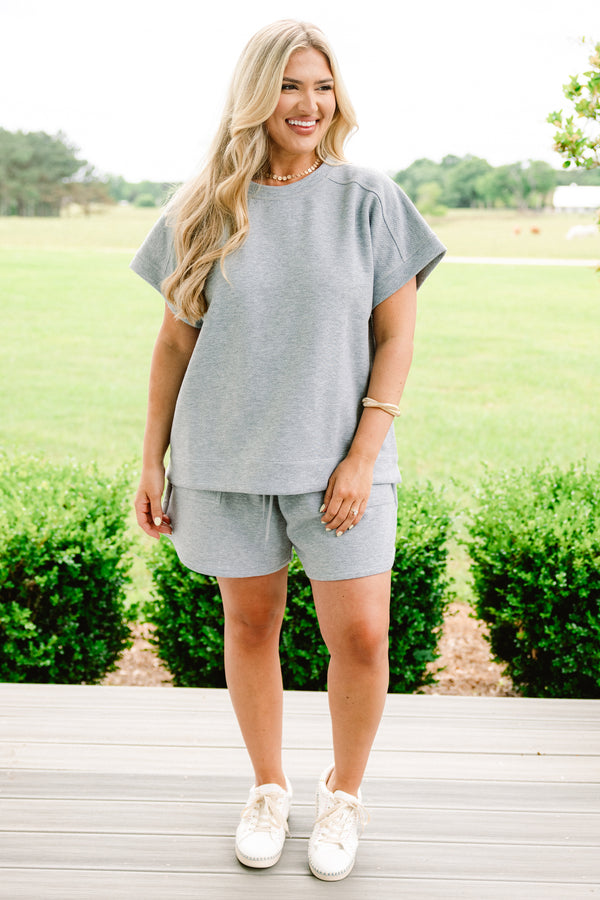   Chic soul plus size clothing, heather gray shorts with a draw-string waistband , 
