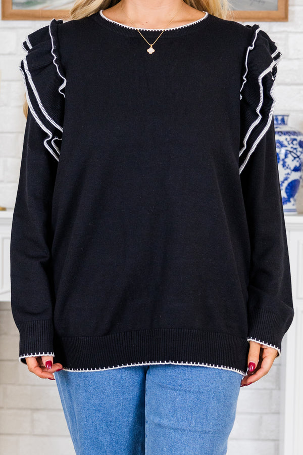 Chic Soul plus size clothing, black long sleeve knit sweater with round neckline and ruffle detail on shoulders with white outlining along ruffles, neckline, sleeves, and bottom
