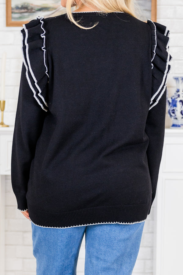 Chic Soul plus size clothing, black long sleeve knit sweater with round neckline and ruffle detail on shoulders with white outlining along ruffles, neckline, sleeves, and bottom
