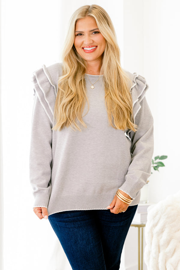 Chic Soul plus size clothing, warm gray long sleeve crewneck sweater with layered ruffles on shoulders and white trim