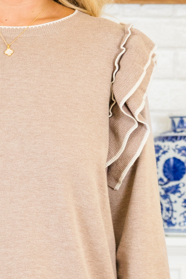 Chic Soul plus size clothing, taupe long sleeve knit sweater with round neckline and ruffle detail on shoulders with white outline detail along sleeves, bottom, ruffles, and neckline