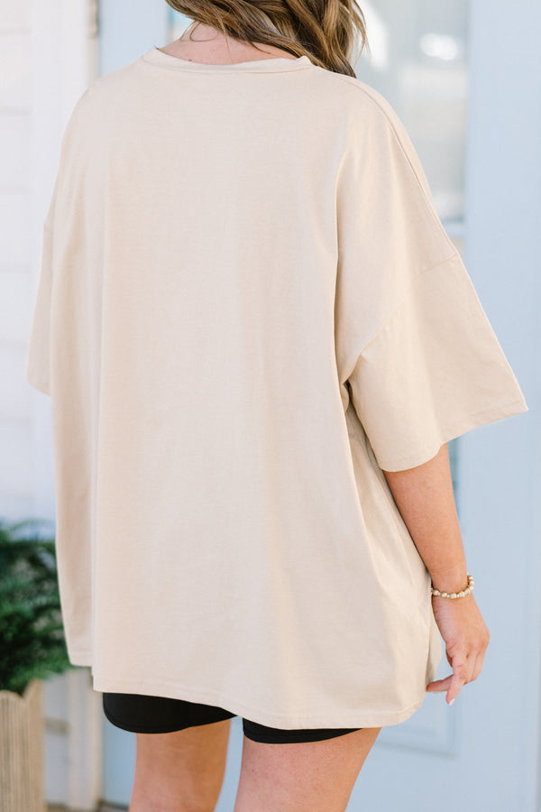 Chic Soul plus size clothing, light mocha short sleeve boyfriend tee with round neckline with 