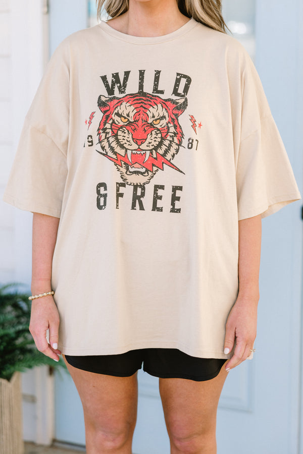 Chic Soul plus size clothing, light mocha short sleeve boyfriend tee with round neckline with 