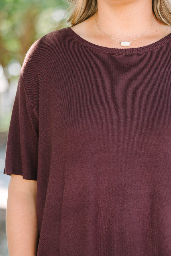 Plus Size short sleeve brown knit sweater with a round neckline and relaxed fit.