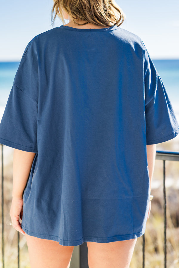 Chic Soul plus size clothing, short-sleeve navy blue boyfriend tee with a high-scoop-neckline with graphic lettering stating 