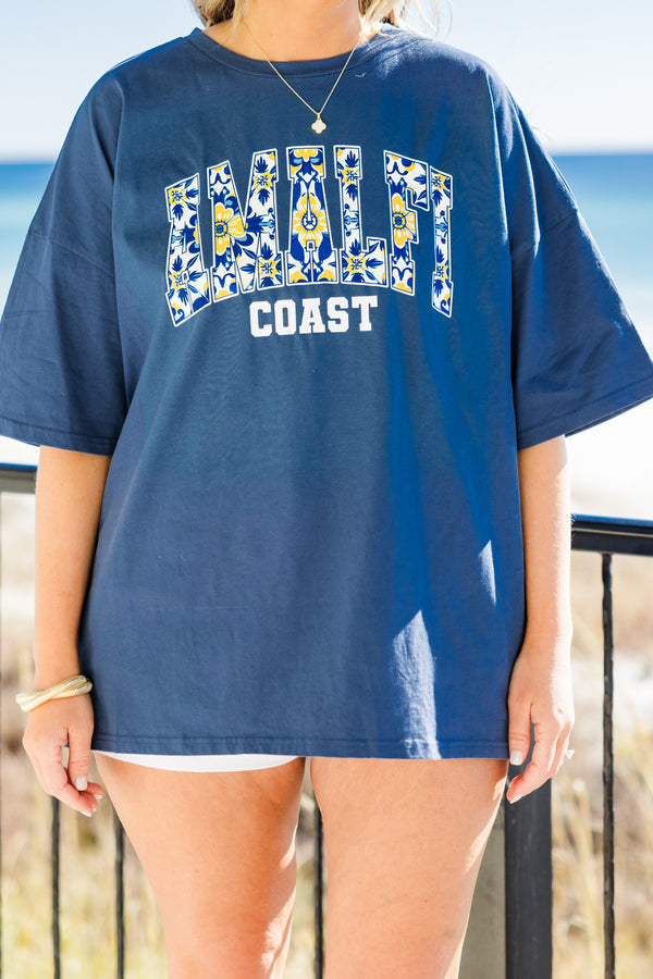 Chic Soul plus size clothing, short-sleeve navy blue boyfriend tee with a high-scoop-neckline with graphic lettering stating 