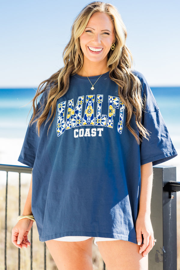 Chic Soul plus size clothing, short-sleeve navy blue boyfriend tee with a high-scoop-neckline with graphic lettering stating 