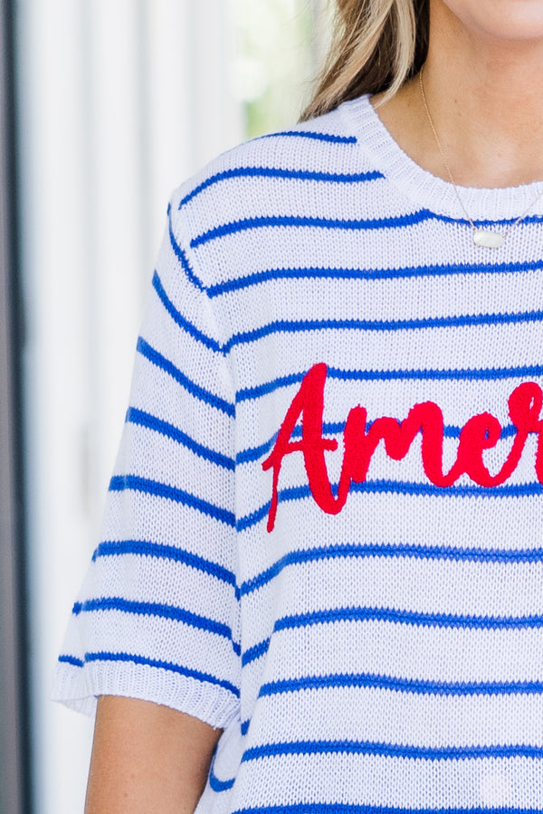 Chic Soul plus size clothing, short sleeve ivory-blue striped top with red graphic in cursive stating 