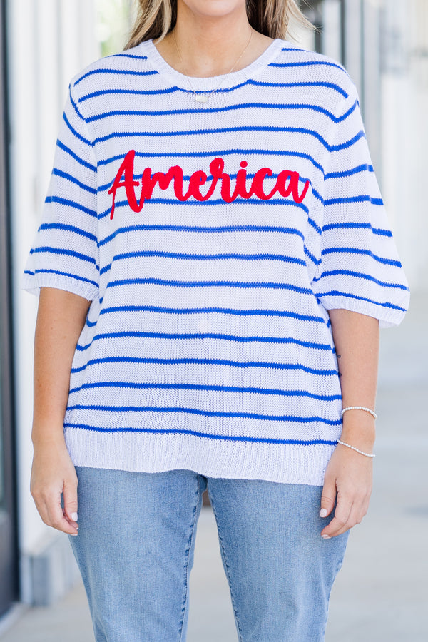Chic Soul plus size clothing, short sleeve ivory-blue striped top with red graphic in cursive stating 