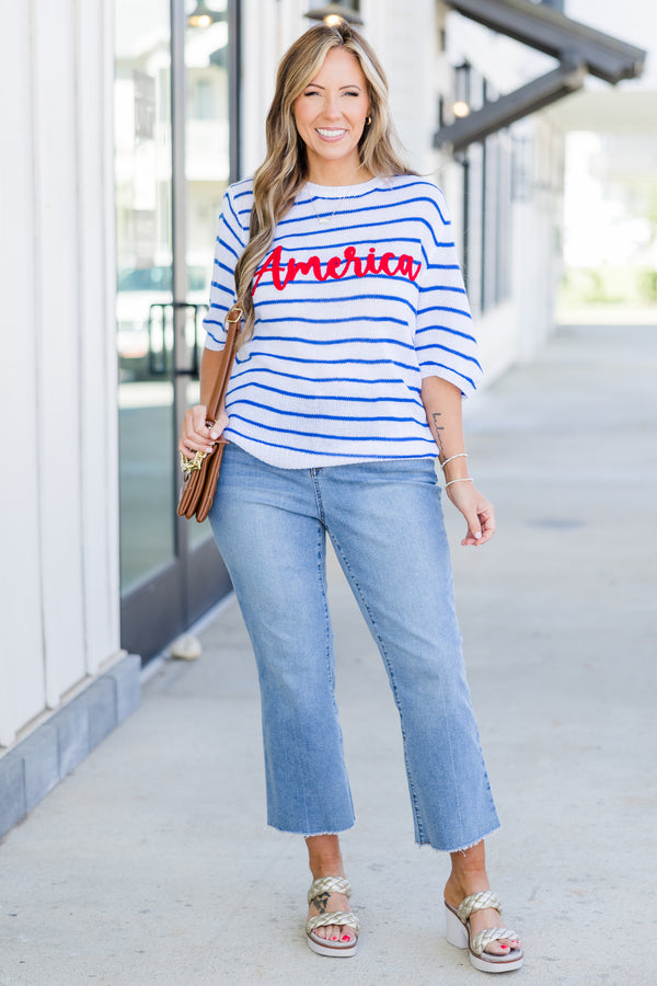 Chic Soul plus size clothing, short sleeve ivory-blue striped top with red graphic in cursive stating 