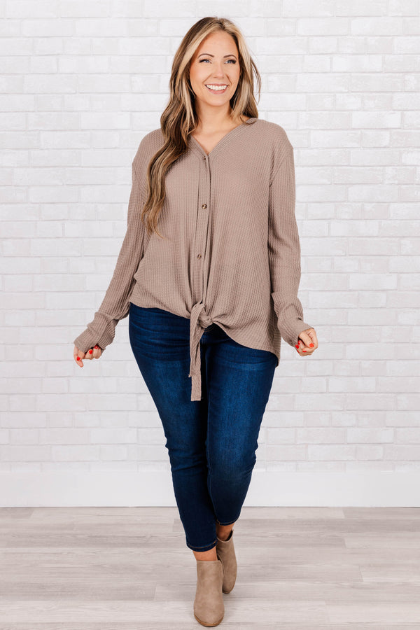 Chic Soul plus size clothing, mocha waffle knit top with buttons going down the shirt and bow detail that ties at the bottom of the shirt 