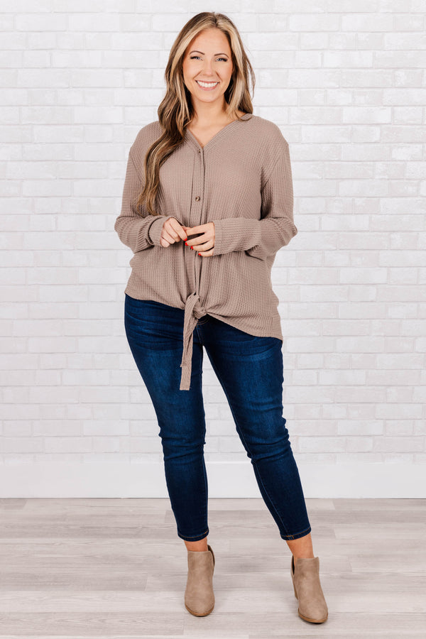 Chic Soul plus size clothing, mocha waffle knit top with buttons going down the shirt and bow detail that ties at the bottom of the shirt 
