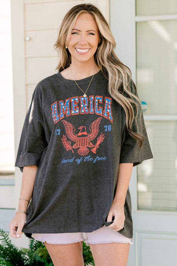 Plus Size charcoal oversized boyfriend tee with a patriotic eagle graphic and America text.