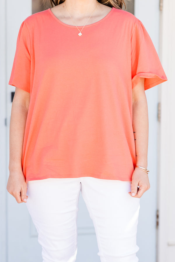 Chic Soul plus size clothing, coral plain short sleeve top with rounded neckline