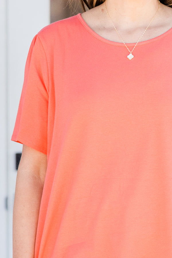 Chic Soul plus size clothing, coral plain short sleeve top with rounded neckline