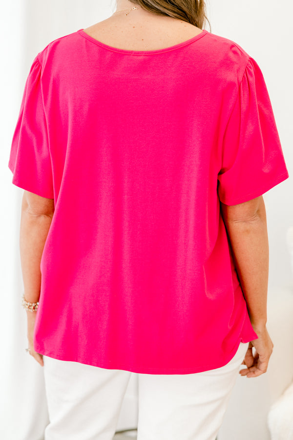Chic Soul plus size clothing, short-sleeve solid fuchsia pink top with a scoop-neckline 