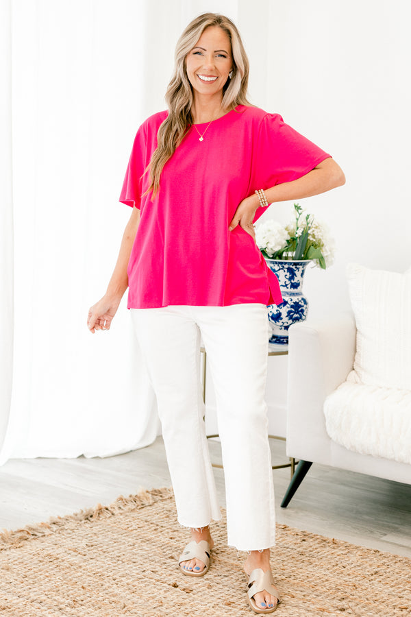 Chic Soul plus size clothing, short-sleeve solid fuchsia pink top with a scoop-neckline 