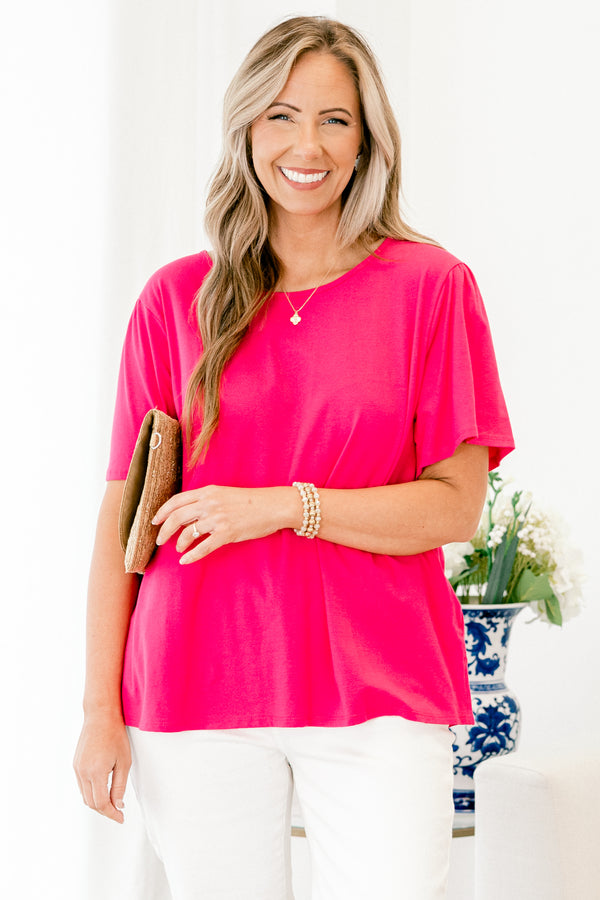 Chic Soul plus size clothing, short-sleeve solid fuchsia pink top with a scoop-neckline 