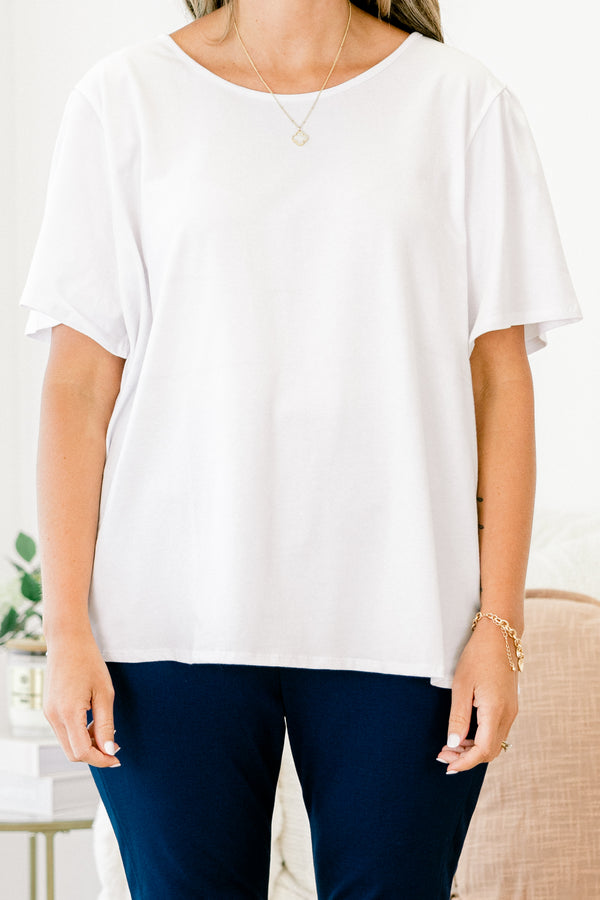 Chic Soul plus size clothing, solid off white short sleeve crewneck basic casual top with small side slits