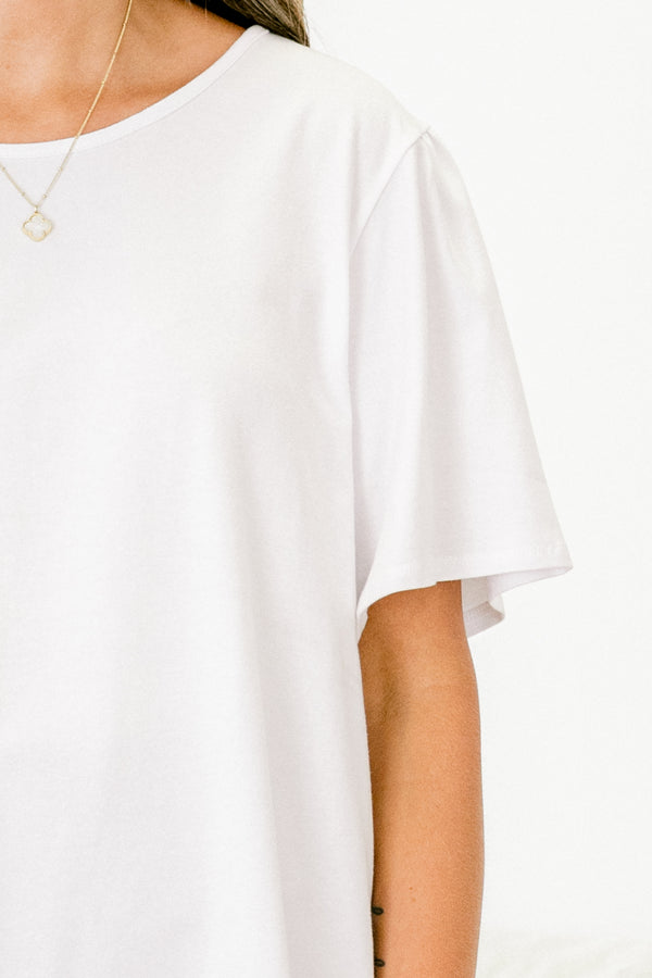 Chic Soul plus size clothing, solid off white short sleeve crewneck basic casual top with small side slits