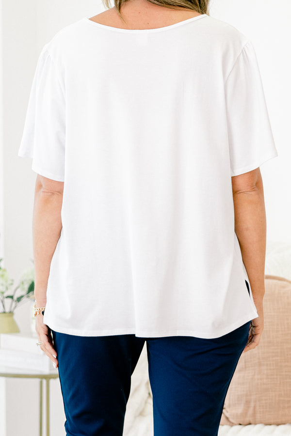 Chic Soul plus size clothing, solid off white short sleeve crewneck basic casual top with small side slits