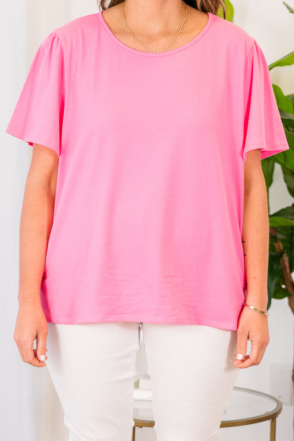 Chic Soul plus size clothing, pink short sleeve flowy top with round neckline