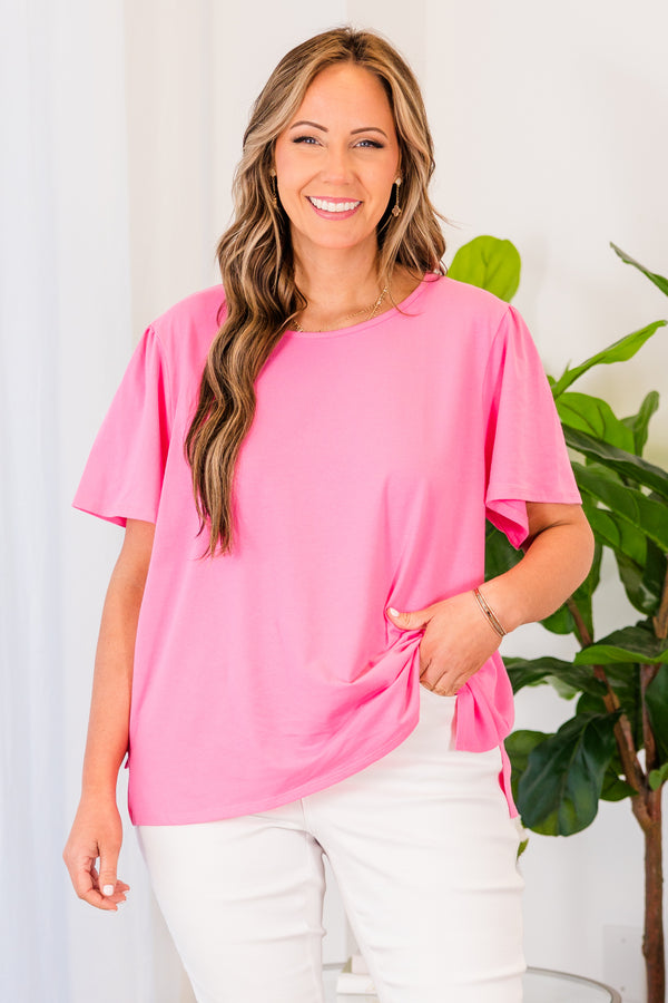 Chic Soul plus size clothing, pink short sleeve flowy top with round neckline
