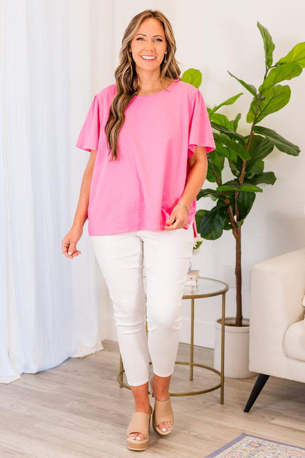 Chic Soul plus size clothing, pink short sleeve flowy top with round neckline