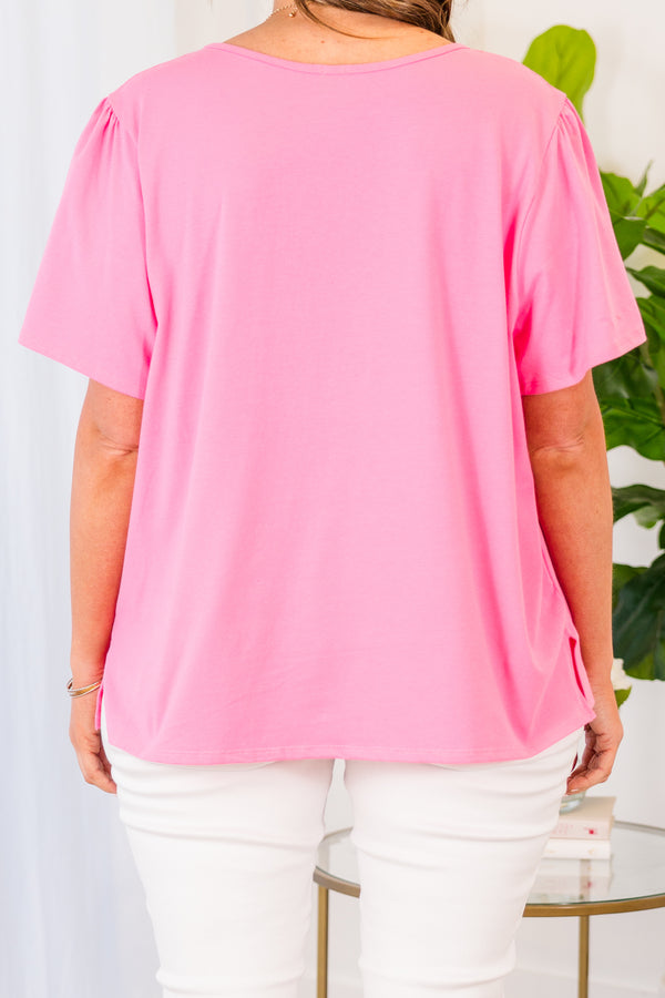 Chic Soul plus size clothing, pink short sleeve flowy top with round neckline
