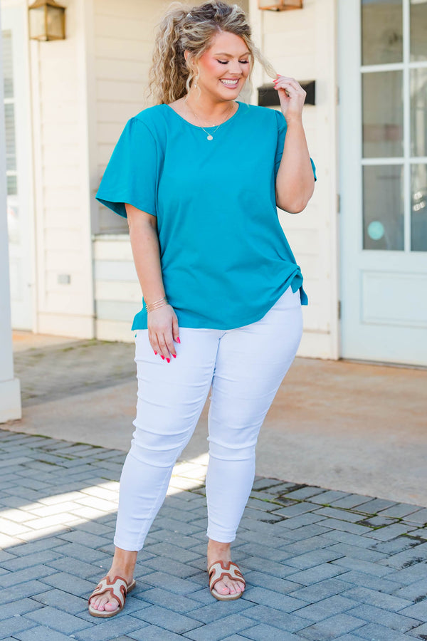 Chic Soul plus size clothing, short sleeve plain teal top with round neckline
