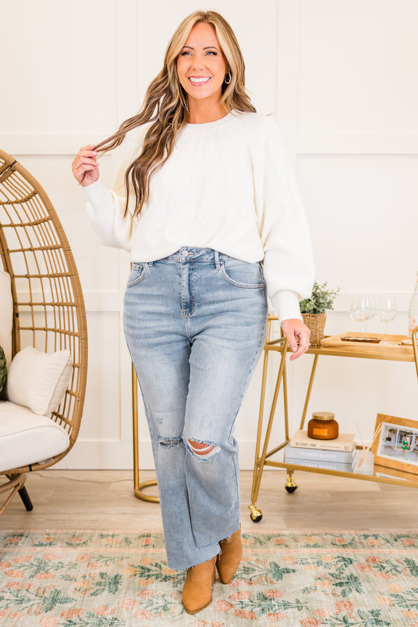 Chic Soul plus size clothing, light wash straight leg denim jeans with raw hem with hole on knees with light distressing