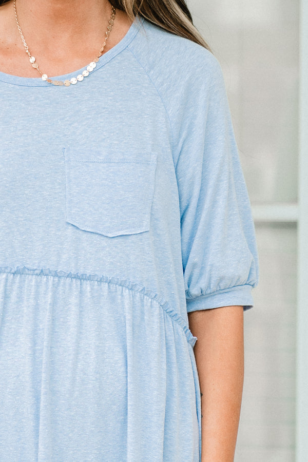 Chic Soul plus size clothing, short-puffed-sleeve sky blue baby doll high-low midi dress with a scoop-neckline and a pocket on the bodice 