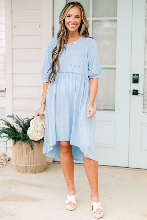 Chic Soul plus size clothing, short-puffed-sleeve sky blue baby doll high-low midi dress with a scoop-neckline and a pocket on the bodice 