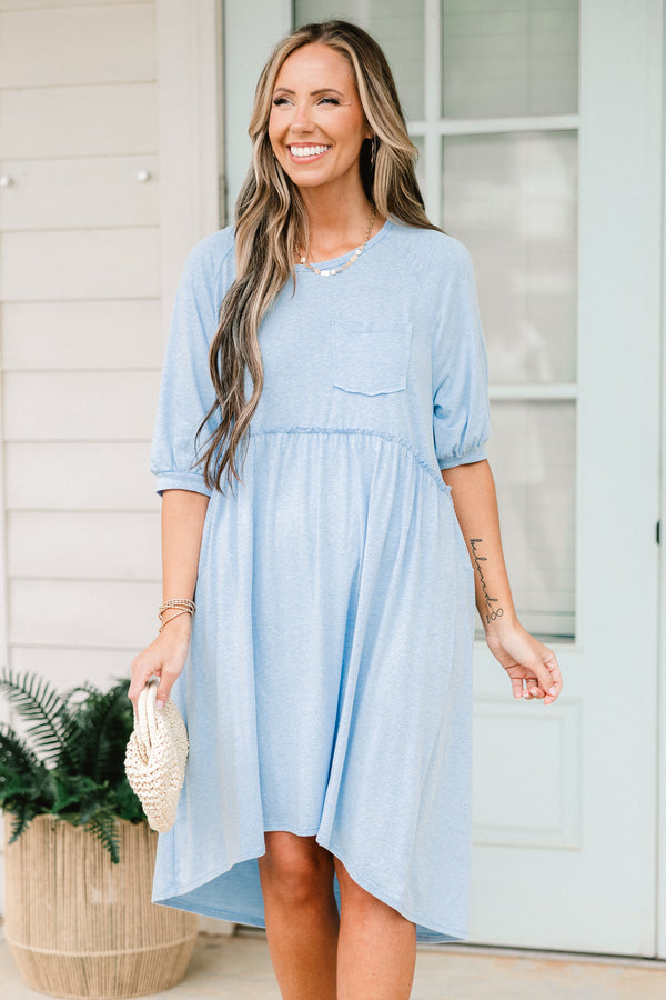 Chic Soul plus size clothing, short-puffed-sleeve sky blue baby doll high-low midi dress with a scoop-neckline and a pocket on the bodice 