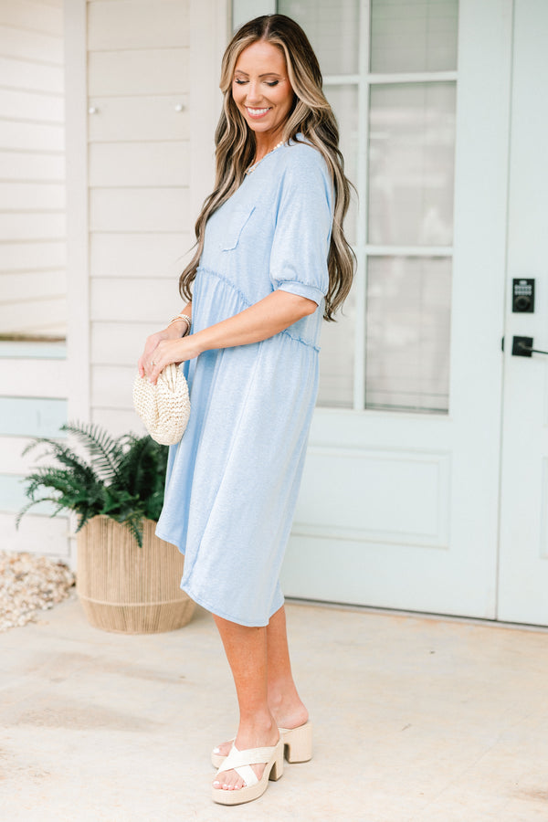 Chic Soul plus size clothing, short-puffed-sleeve sky blue baby doll high-low midi dress with a scoop-neckline and a pocket on the bodice 