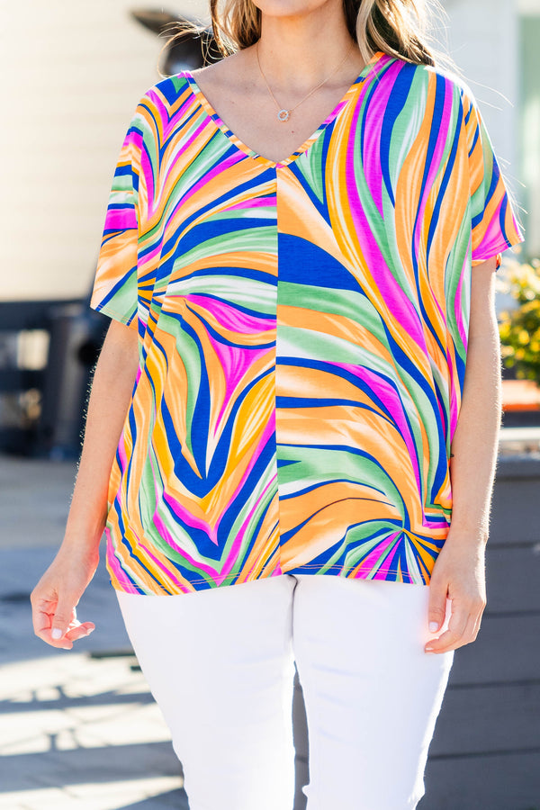 Chic Soul plus size clothing, multi color top with abstract design and short sleeves