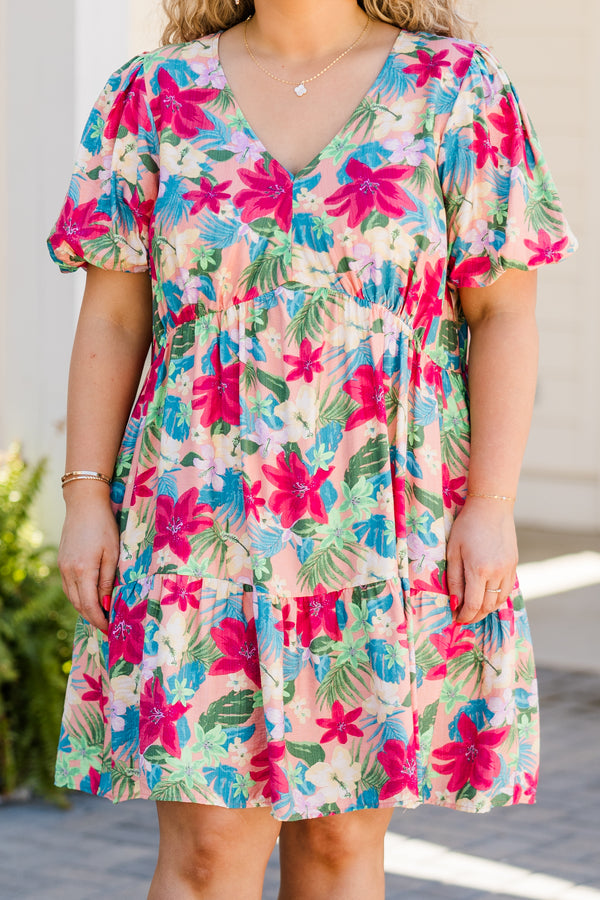 Chic Soul plus size clothing, blush pink short sleeve floral mini dress with v neckline and puff sleeves
