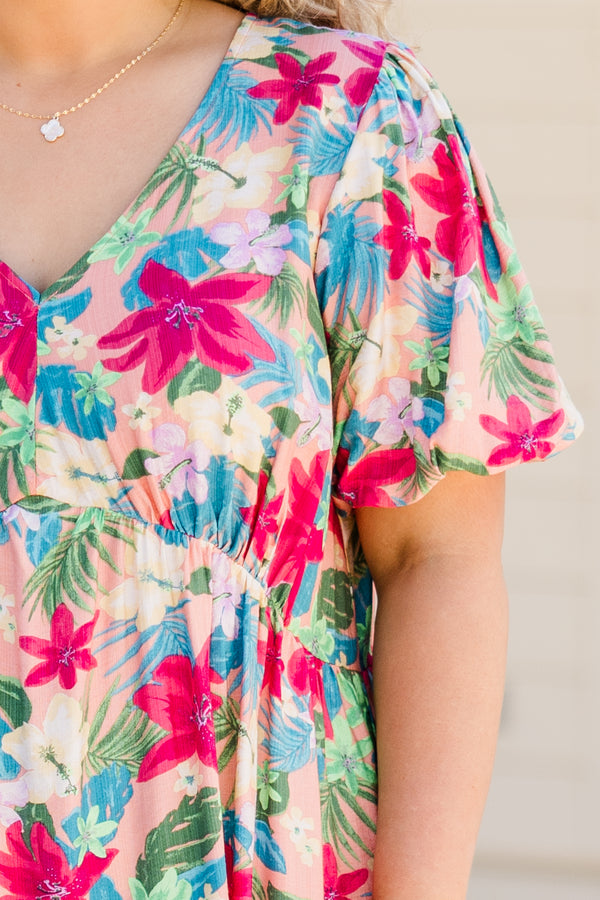 Chic Soul plus size clothing, blush pink short sleeve floral mini dress with v neckline and puff sleeves