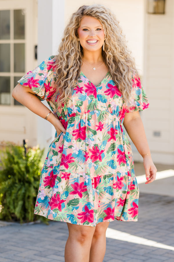 Chic Soul plus size clothing, blush pink short sleeve floral mini dress with v neckline and puff sleeves