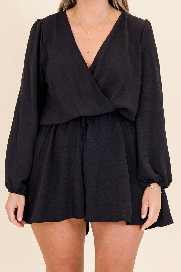 Chic Soul plus size clothing, black long sleeve romper with synched waist with drawstring detail with v neckline and cuffed sleeves