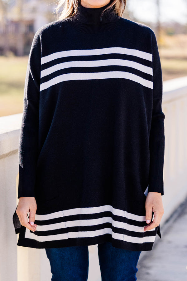 Chic Soul plus size clothing, black tunic sweater with turtleneck, long sleeves and white horizontal stripes