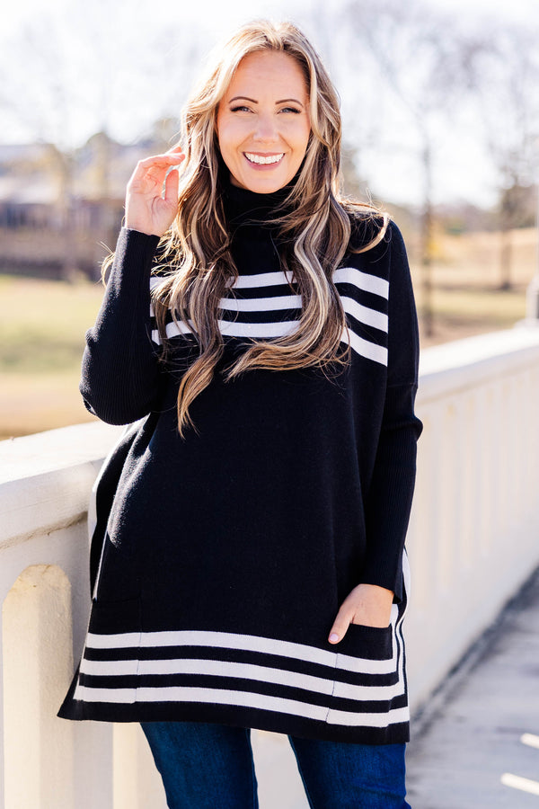 Chic Soul plus size clothing, black tunic sweater with turtleneck, long sleeves and white horizontal stripes