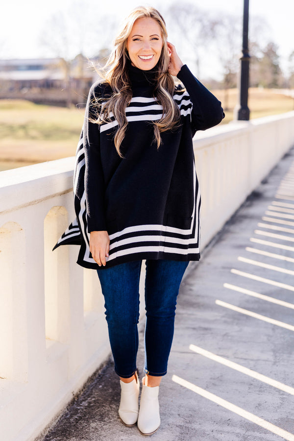 Chic Soul plus size clothing, black tunic sweater with turtleneck, long sleeves and white horizontal stripes