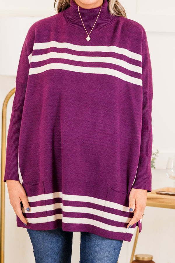 Chic Soul plus size clothing, long-sleeve eggplant purple tunic with fold-down turtle-neckline and ivory abstract striped pattern 