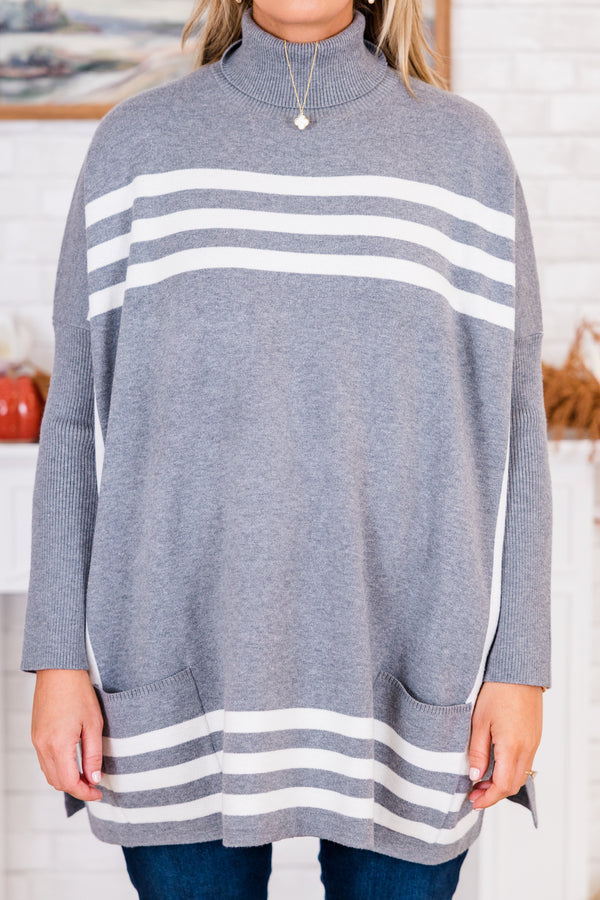 Chic Soul plus size clothing, heather gray long sleeve tunic white white square design with mock neckline 