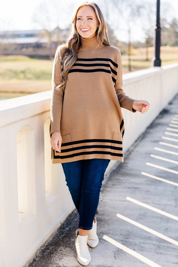 Chic Soul Plus size clothing, Tan tunic sweater with turtleneck. Ribbed fabric with long sleeves, front pockets and horizontal stripes.